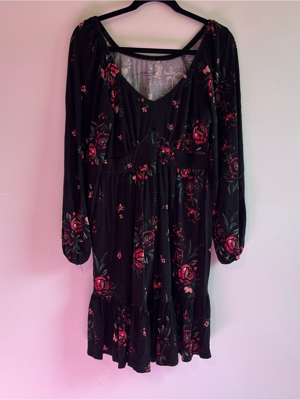 Torrid SuperSoft Jersey Black Floral Dress with Pink Rose Print size 00 M/L